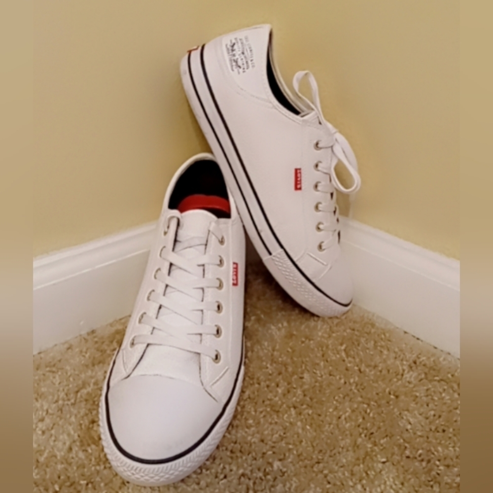 White with black stripes LEVI shoes. Size: 12